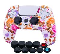 YoRHa Water Transfer Printing Silicone Thickened Cover Skin Case for PlayStation 5 Controller PS5 Controller x 1(Flowers) with Thumb Grips x 10