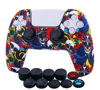 YoRHa Water Transfer Printing Silicone Thickened Cover Skin Case for PlayStation 5 Controller PS5 Controller x 1(Madeup Skulls) with Thumb Grips x 10