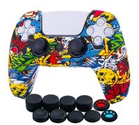 YoRHa Water Transfer Printing Silicone Thickened Cover Skin Case for PlayStation 5 Controller PS5 Controller x 1(Comic Skulls) with Thumb Grips x 10