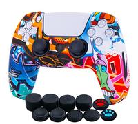 YoRHa Water Transfer Printing Silicone Thickened Cover Skin Case for PlayStation 5 PS5 Controller x 1(Comic Graffiti) with Thumb Grips x 10