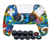 YoRHa Water Transfer Printing Silicone Thickened Cover Skin Case for PlayStation 5 PS5 Controller x 1(Blue Graffiti) with Thumb Grips x 10