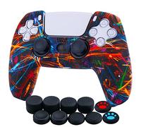 YoRHa Water Transfer Printing Silicone Thickened Cover Skin Case for PlayStation 5 PS5 Controller x 1(Night Beam) with Thumb Grips x 10