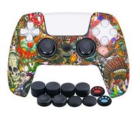 YoRHa Water Transfer Printing Silicone Thickened Cover Skin Case for PS5 Controller PlayStation 5 Controller x 1(Beasts) with Thumb Grips x 10
