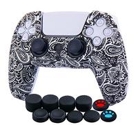 YoRHa Water Transfer Printing Silicone Thickened Cover Skin Case for PS5 Dualsense Controller x 1(Leaves Red) with Thumb Grips x 10