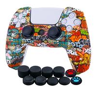 YoRHa Water Transfer Printing Silicone Thickened Cover Skin Case for PS5 Dualsense Controller x 1(Skull Graffiti) with Thumb Grips x 10