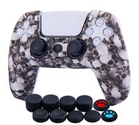 YoRHa Water Transfer Printing Silicone Thickened Cover Skin Case for PS5 Dualsense Controller x 1(Skulls Purple) with Thumb Grips x 10