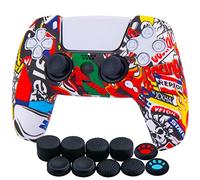 YoRHa Water Transfer Printing Silicone Thickened Cover Skin Case for PS5 Dualsense Controller x 1(Skull Graffiti II) with Thumb Grips x 10