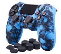 YoRHa Water Transfer Printing Skull Silicone Cover Skin Case for Sony PS4/slim/Pro Controller x 1(blue) With Pro thumb grips x 8