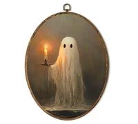 Yorhifa Halloween Ghost Framed Wall Art, Dark Academia Ghost Holding Candle Oval Wall Art, Spooky Halloween Oval Walls Decor, Vintage Gothic Canvas Artwork Hanging Decor, 8.5x11.5in