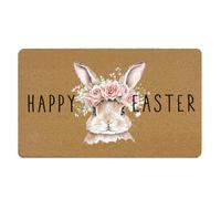 Yorhifa Happy Easter Bunny Floral Coir Door Mat, Easter Rabbit Decor, Pink Floral Bunny Welcome Mats for Front Door, Rabbit Coir Doormat Rug for Porch Entryway Home Decor 17x30inches