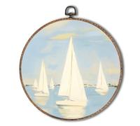 Yorhifa Nautical Sailboat Framed Wall Art, Coastal Ocean Sailing Boat Round Wall Art, Ocean Seaview Sailboat Round Walls Decor, Coastal Nautical Circle Canvas Artwork Hanging Decor, 10x10in