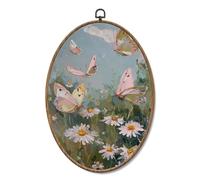 Yorhifa Pastel Butterfly Framed Wall Art, Rustic Spring Daisy Meadow Oval Wall Art, Cottagecore Flower Botanical Oval Walls Decor, Country Landscape Canvas Artwork Hanging Decor, 8.5x11.5in