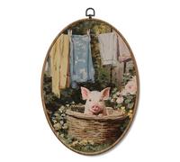 Yorhifa Vintage Laundry Room Pig Framed Wall Art, Cottagecore Laundry Day Oval Wall Art, Rustic Country Landscape Oval Walls Decor, Farmhouse Countryside Canvas Artwork Hanging Decor, 8.5x11.5in