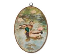 Yorhifa Vintage Mallard Duck Framed Wall Art, Cottagecore Lotus Pond Duck Landscape Oval Wall Art, Rustic Farmhouse Animal Oval Walls Decor, Country Waterfowl Canvas Artwork Hanging Decor, 8.5x11.5in