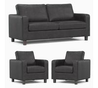 York Black Faux Leather 3 Piece Sofa Suite 3 Seater and 2 Armchairs Furnishings For Less UK Black One Size