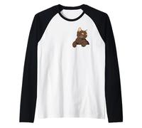 York Chocolate Brown Japanese Anime Cat in Tiny Pocket White Raglan Baseball Tee