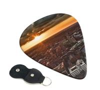 York City Sunset Picture Guitar Picks 6 Pack with Leather Guitar Pick Holder Keychain, Plectrum Key Fob Cases Bag, Abstract Art Plectrum for Acoustic Electric Guitar, Ukulele 0.46mm