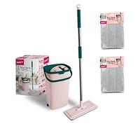York Flat mop mobile phone with handle and bucket, made of microfibre, absorbent, for floor cleaning, without water stains, pink-green, 2 extra cartridges, bucket capacity: 6 litres, length of the