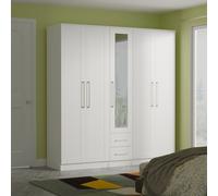 York Ready Assembled Tall 5 Door Plain 2 Drawer Mirrored Wardrobe - White Ash