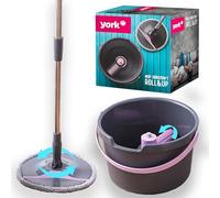 YORK Roll&Up Wet Dry Mop with Bucket, Telescopic Handle, Innovative Wring Function, Folding Plate, Mop Cover with Velcro Cleaning Set, Clean Every Angle of Your Home, Grey and Pink, 4072830-001831