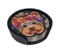 Yorkie Dog Floral Coasters For Drinks, 6 Pcs Leather Coaster With Holder, Round Cup Mat Pad Set For Home And Kitchen 3.9 Inches