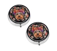 Yorkie Dog Floral Print Pill Box 3 Compartment Medicine Pill Case,Portable for Pocket Or Purse Pill Organizer Decorative Metal Medicine Vitamin Organizer Unique Gift