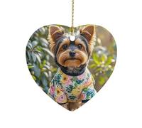 Yorkie Floral Ceramic Christmas Ornaments Double Sided Porcelain Hanging Heart Pendant for Xmas Tree, Holiday Home Decor and Gift Party Decorations