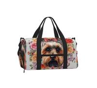 Yorkie Floral Gym Duffle Bag with Shoe Compartment Travel Weekender Overnight Bag Waterproof Sports Gym Bag with Shoulder Strap