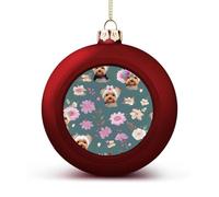Yorkie Floral Pattern Christmas Ball Ornaments - Red Shatterproof Plastic Vintage Rustic Xmas Tree Decorations Pendant for Family Holiday Wedding Party Xmas Hanging Decoration