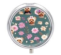 Yorkie Floral Pattern Pill Box - 3 Compartment Travel Pill Organizer with Small Mirror, Portable Pillcase for Pocket & Purse, Cute Round Medicine Case, Weekly Medicine Container