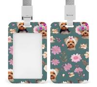 Yorkie Floral Pattern Retractable ID Badge Holder with Lanyard - Vertical Badge Reel,Keychain Clip,Name Tag Id Card Holder Protector for Nurse Officer Teacher Security Staff Women Men