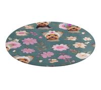 Yorkie Floral Pattern Round Area Rug Non Slip Backing Doormat Water Absorbent Plush Throw Low-Pile Non-Slip Floor Mat Carpet for Living Room Bedroom Entryway Nursery Room 80 * 80cm