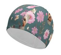 Yorkie Floral Pattern Swim Cap for Women Men Swimming Hat Bath Waterproof Pool Caps for Long Thick Curly Hair