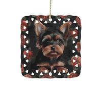 Yorkie Puppy Ceramic Christmas Ornaments 3 Inch Double Sided Square Pendant Holiday Tree Hanging Decor for Home, Party, Hotel Decorations, Gift for Teacher, Neighbor, Friend