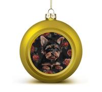 Yorkie Puppy Christmas Ball Ornaments - Golden Shatterproof Plastic Vintage Rustic Xmas Tree Decorations Pendant for Family Holiday Wedding Party Xmas Hanging Decoration