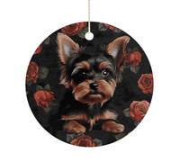Yorkie Puppy Double-Sided Ceramic Christmas Ornaments - Round Hanging Mini Xmas Tree Decorations, Ideas for Farmers, Rustic Home Decor for Indoor Outdoor Tree Decor