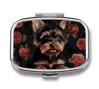 Yorkie Puppy Pill Box - 2 Compartment Travel Pill Organizer with Small Mirror, Portable Pillcase for Pocket & Purse, Cute Square Medicine Case, Weekly Medicine Container
