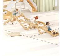 YORKING 4-in-1 Wooden Climbing Frame for Kids, Indoor Montessori Climbing Set, Gym Set with Triangle Climber, Arch Bridge, Climbing Net & Short Mat - Toddler Play Equipment