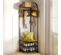 YORKING 4-Tier Metal Corner Coat Stand with Wooden Shelf, Freestanding Coat Rack with Shoe Rack and 10 Movable Hooks, Space-Saving Design for Hallway, Bedroom & Entryway, 71 * 50 * 181CM