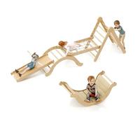 YORKING 5-in-1 Wooden Climbing Frame for Kids, Indoor Montessori Climbing Set, Gym Set with Triangle Climber, Arch Bridge, Climbing Board, Net & 2 x Short Mat - Toddler Play Equipment