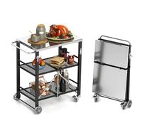 YORKING Foldable Outdoor Grill Cart, 3 Tier Stainless Steel Kitchen Cart with 2 Lock Wheels, 35.43 x 23.62 x 42.12'', Moveable BBQ Table Kitchen Island with Bottle Opener for Camping, Party, Black