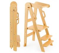 YORKING Solid Wood Foldable Step Stool for Kids, 3-Tier Adjustable Height, Standing Tower with Safety Rail, Toddler Learning Helper Stool for Bathroom, Kitchen & Toilet, 20.5" x 18.7" x 36"