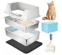 YORKING Stainless Steel Cat Litter Box XXL, Double Layer Large Metal Litter Tray with Lid, Scoop & Mat, Anti-Odor & Leakproof, Enclosed Cat Toilet, 59.5×39.5×30 cm