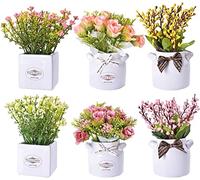 Yorkmills 6pcs Artificial Flowers with vase, Fake Flower Arrangements in Ceramic Pots, Faux Flowers for Home, Office,Table Decorations Centerpiece,Spring Decor, Small Ornaments for Shelves