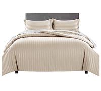Yorkshire Bedding Double Duvet Set Stripes Satin Hotel Quality Bedding Set with Pillowcases Soft Microfiber Duvet Covers (Beige 200x200 Cm)