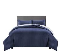 Yorkshire Bedding Super King Duvet Set Stripes Satin Hotel Quality Bedding Set with Pillowcases Soft Microfiber Duvet Covers (Navy 260x220 Cm)