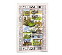 Yorkshire Sights Souvenir Tea Towel Gift Scenes Landmarks Collage Montage White