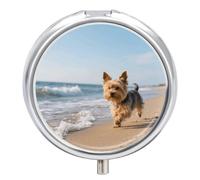 Yorkshire Terrier Beach Pill Case with Retro Mirror 3 Compartments Pill Organizer Small Round Metal Pill Organizer for Fish Oil Pills or Vitamins, Supplements