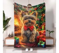 Yorkshire Terrier Blanket, Festive Green Christmas Tree Decor Throw Blanket, Soft Warm Plush Fleece for Home, Outdoor, All Season 50x60 Inch