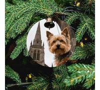 Yorkshire Terrier by Gothic Church Ceramic Christmas Ornament - 2 Pcs Xmas Tree Porcelain Hanging Ornaments, Round Farmhouse Pendant for Xmas Tree, Holiday Party Decorations & Festive Gift 2.8 Inch
